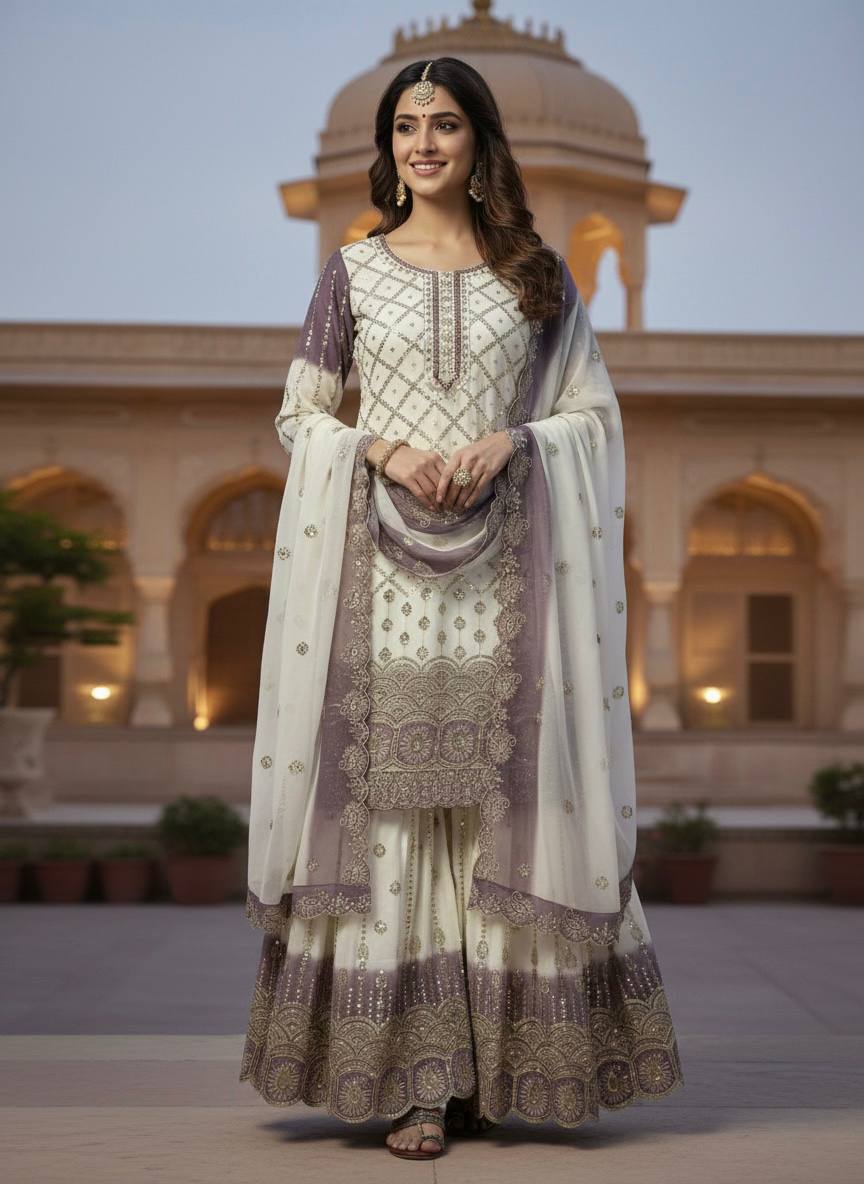 Dual Tone Star Georgette Sequin Embroidered Palazzo Suit — Festive Wear