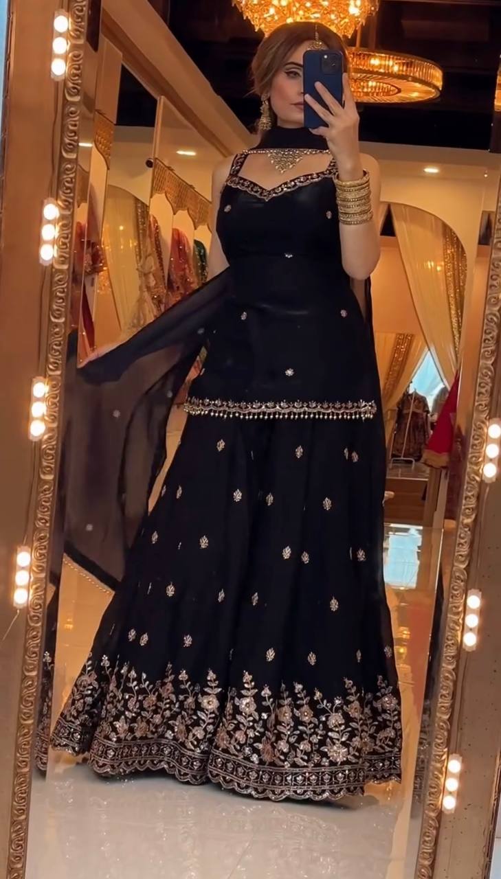 Designer Frendy Silk 5mm Sequin Multi Needle & Zari Embroidered Top Sharara & Dupatta Set