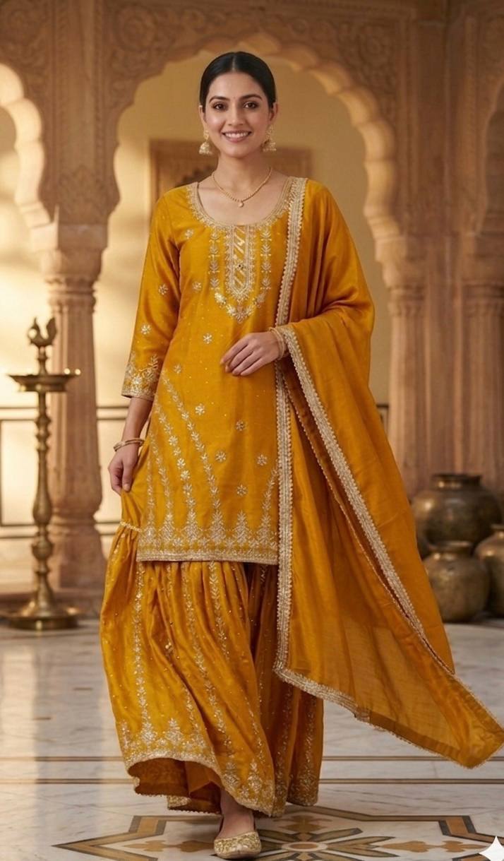 Designer Sharara Palazzo Set in Pure Heavy Chinnon Silk with Heavy Embroidery & Fancy Borders | ND-5063