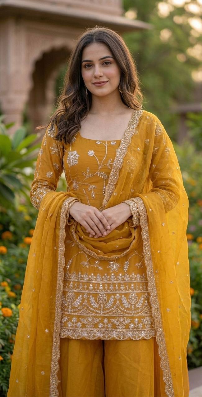 Designer Frendy Silk 5mm Sequin Thread & Zari Embroidered Kali Cut Top Palazzo & Dupatta Set