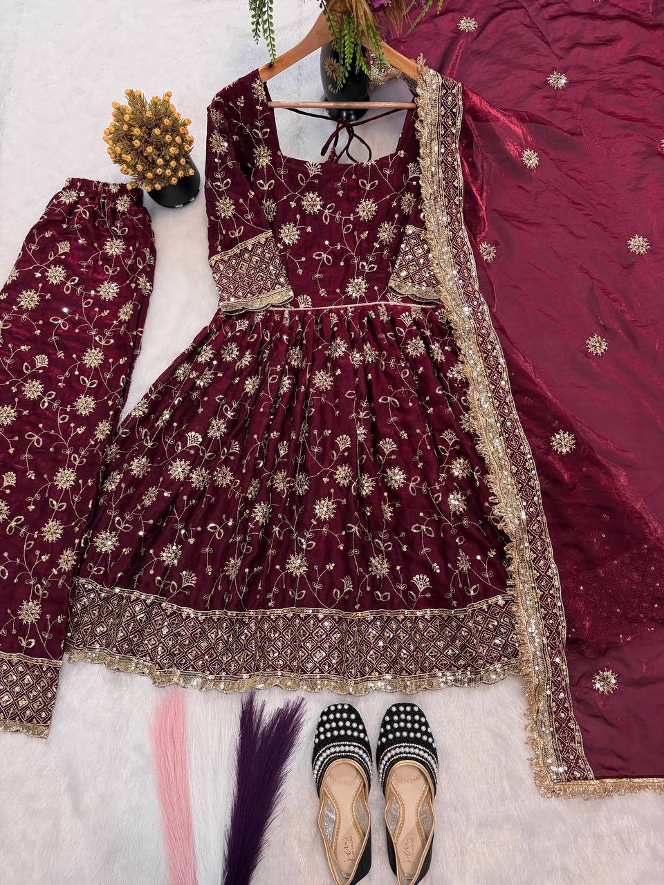 Designer Heavy Fancy Silk 3mm & 5mm Sequin Embroidered Gown Top Pant & Dupatta Set