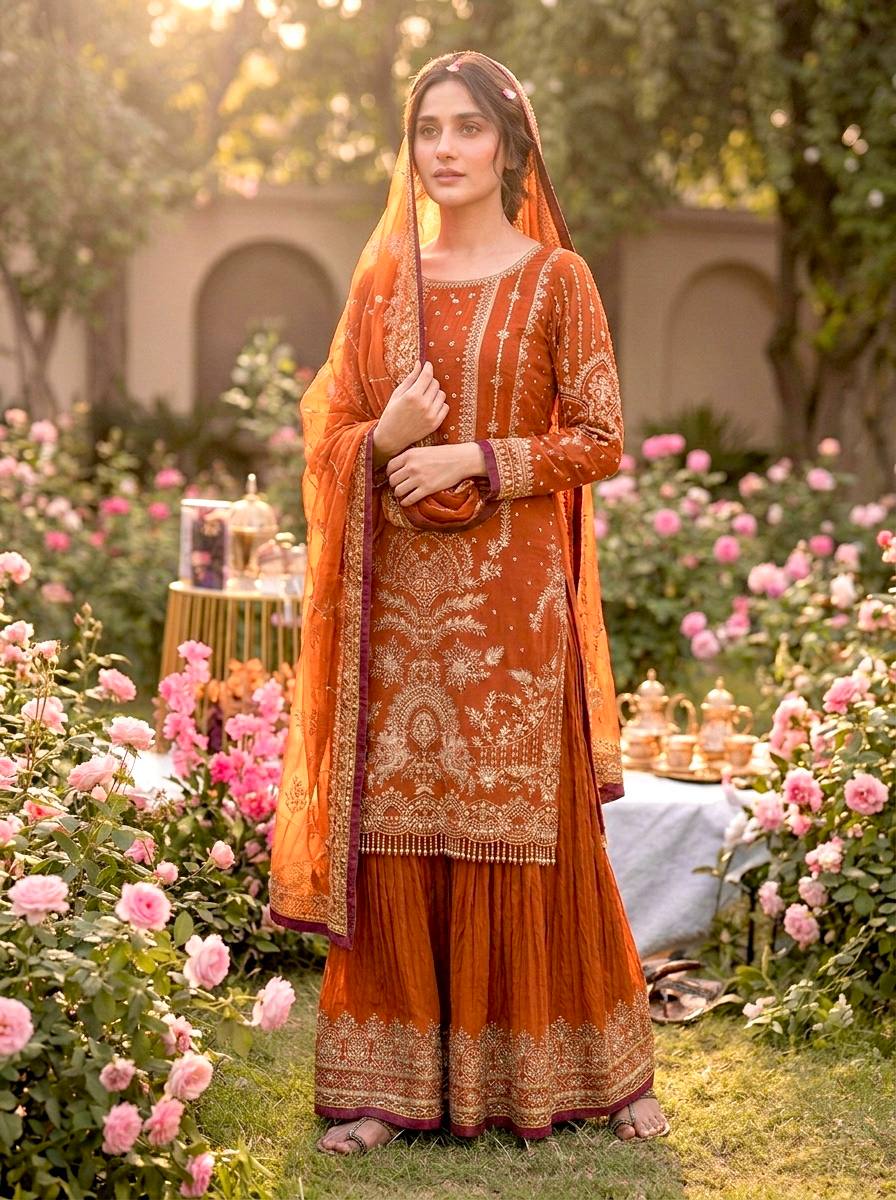 Orange Georgette Sequin & Moti Embroidered Palazzo Suit — Festive Wear
