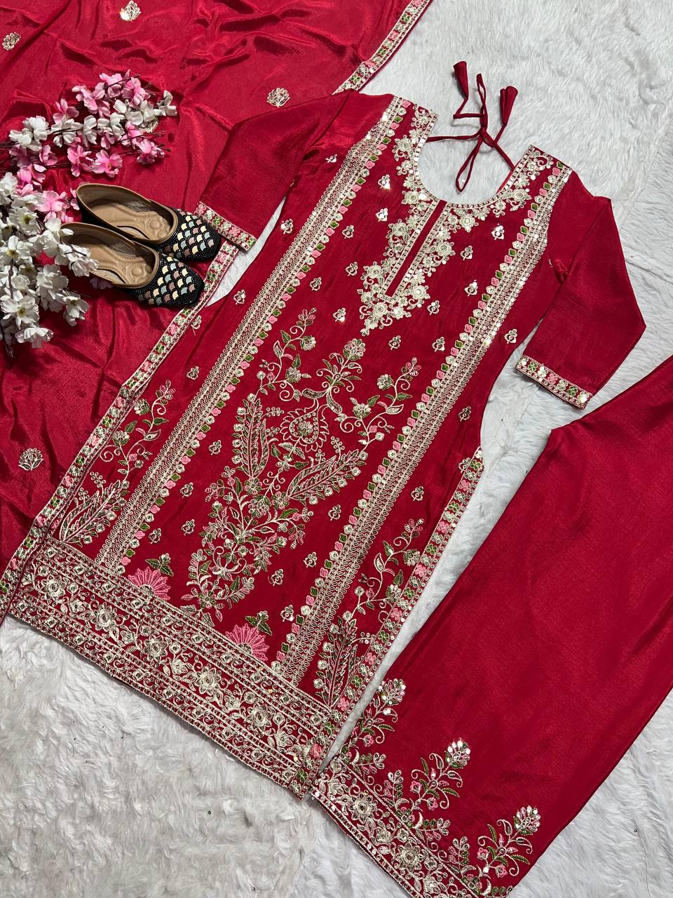 Designer Sharara Palazzo Set in Pure Chinnon Silk with Embroidery Coding Sequence Work | ND-5062