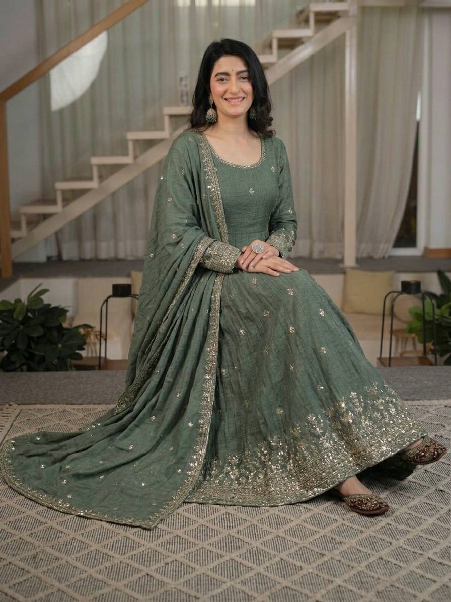 Designer Anarkali Suit in Heavy Crunchy Silk with Sequence Embroidery Work | ND-5065
