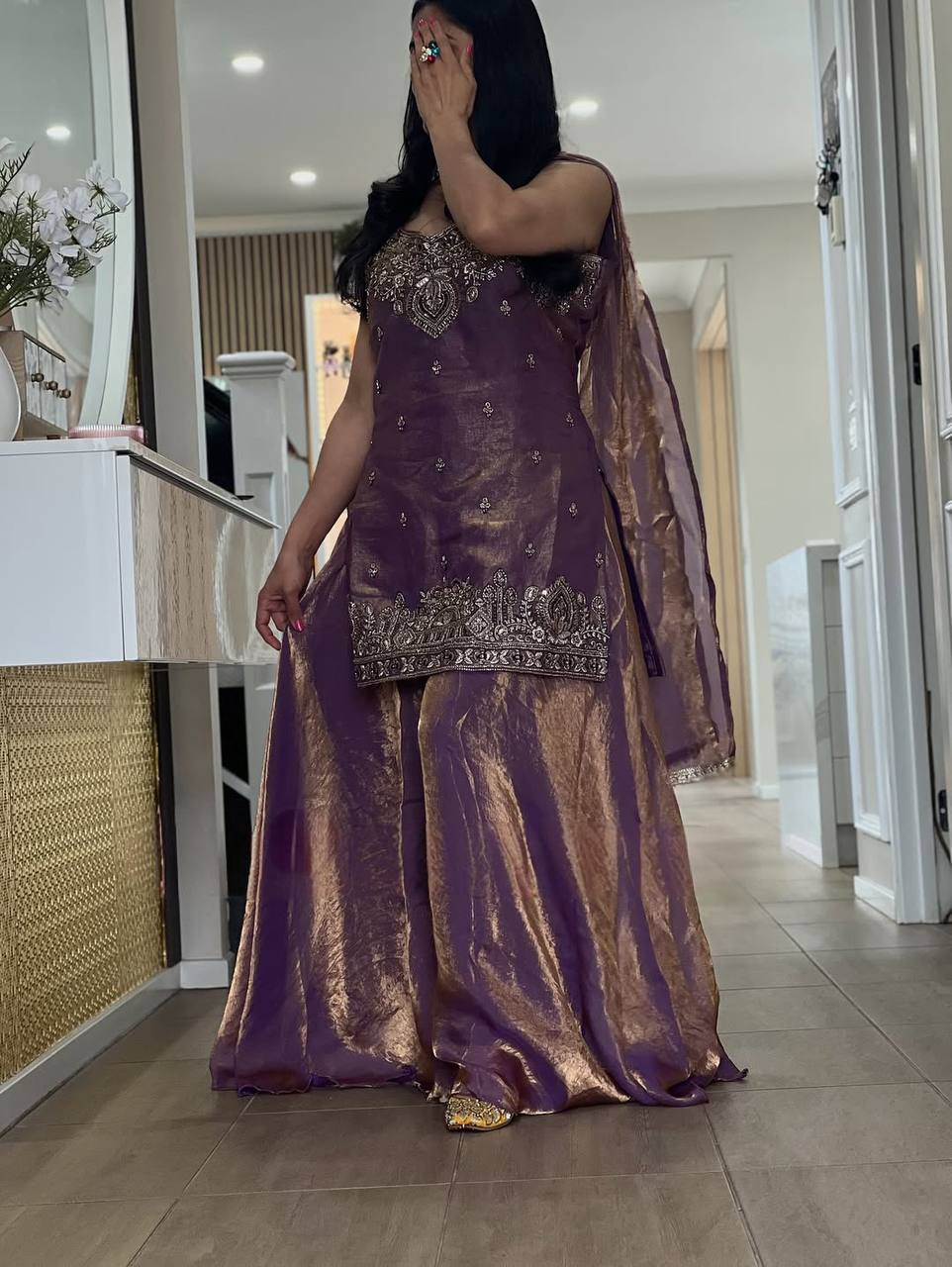 Designer Frendy Silk Bead & Sequin Embroidered Top Palazzo & Dupatta Set