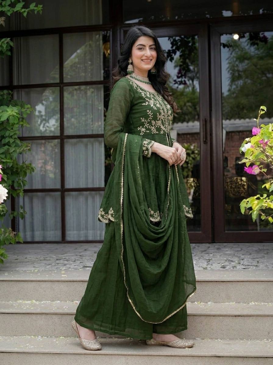 Designer Party Wear Top, Palazzo & Dupatta in Heavy Crunchy Silk with Sequence Embroidery