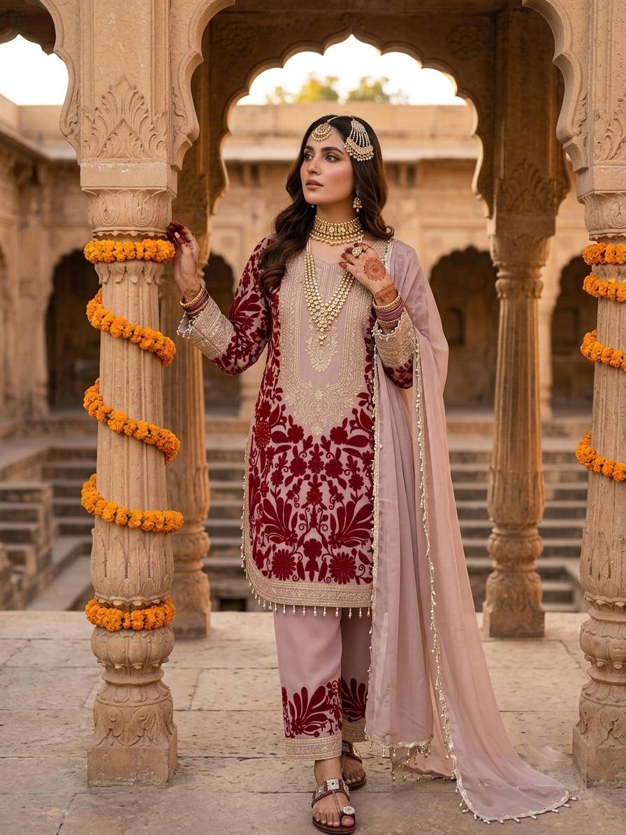 Designer Top, Pant & Dupatta in Heavy Faux Georgette with Chain Stitch Embroidery Sequence & Bead Work | SRK-5354