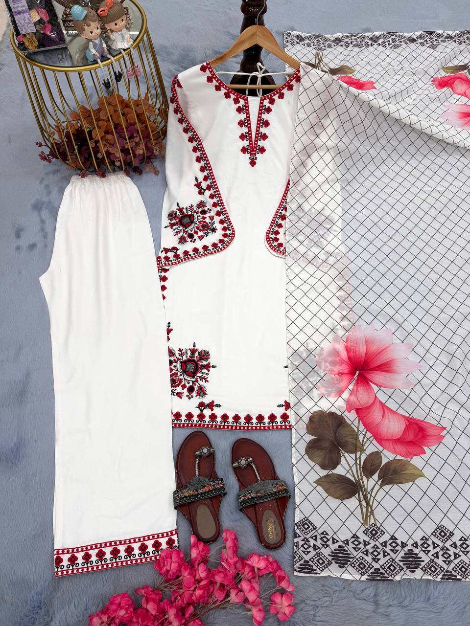 Designer Pure Satin Rayon Embroidered Top Palazzo & Dupatta Set