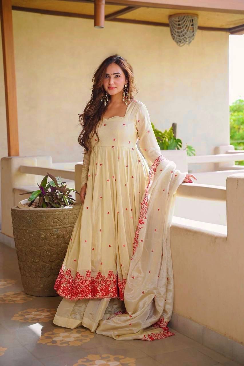 Designer Cosmos Silk Anarkali Suit with Sharara Palazzo and Dupatta