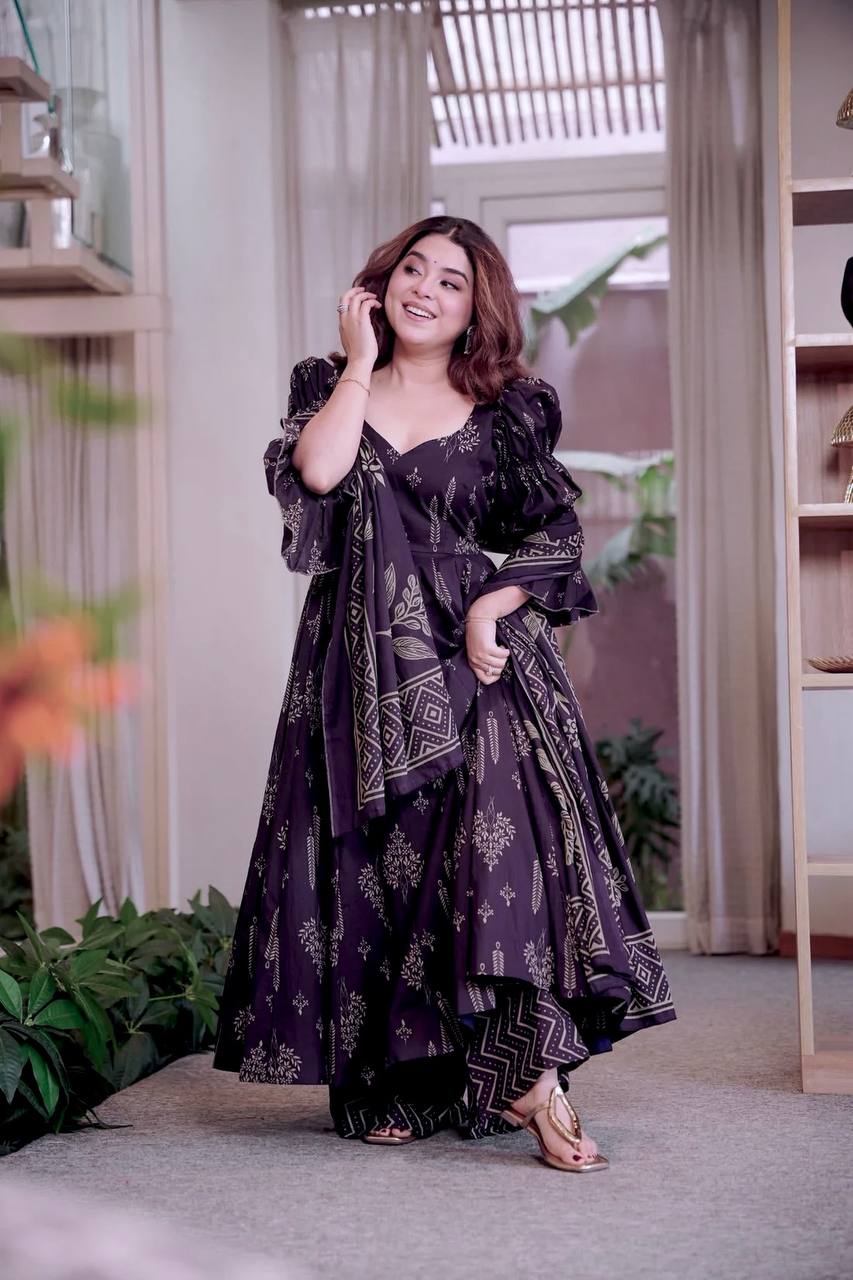 Designer Maslin Cotton Digital Print Anarkali Suit with Pant & Dupatta
