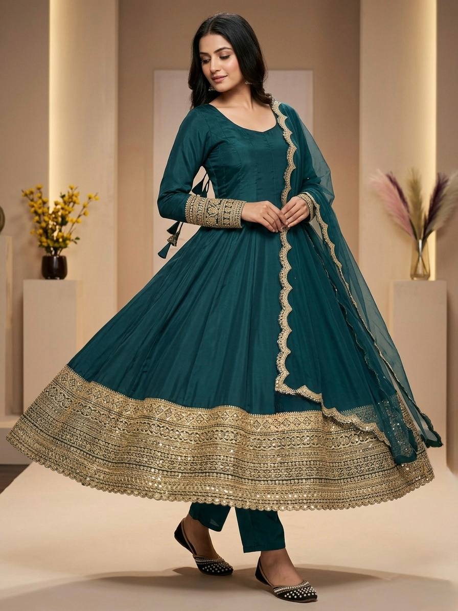 Designer Natural Crepe Sequin & Cording Embroidered Anarkali Suit with Pant & Organza Dupatta
