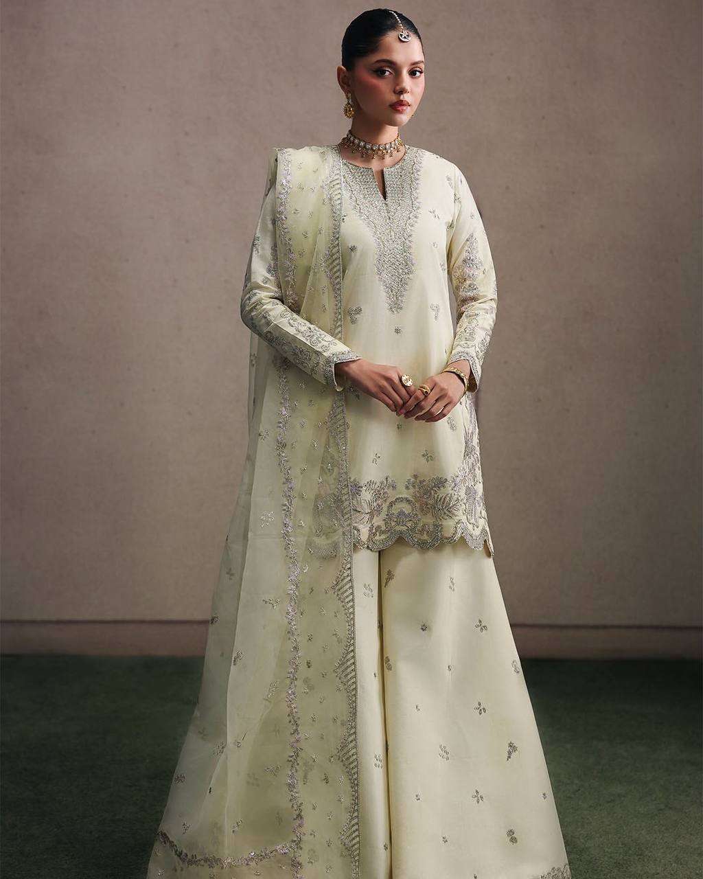 Designer Natural Crepe Silk Multi Needle Sequin Embroidered Top Sharara Palazzo & Organza Dupatta Set