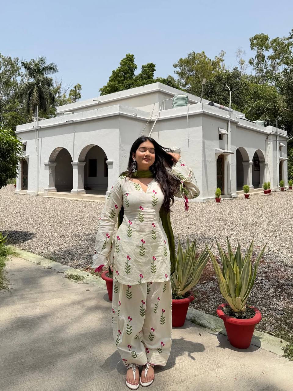 Designer Party Wear Cameric Cotton Fancy Sleeve Top with Farshi Pant and Dupatta