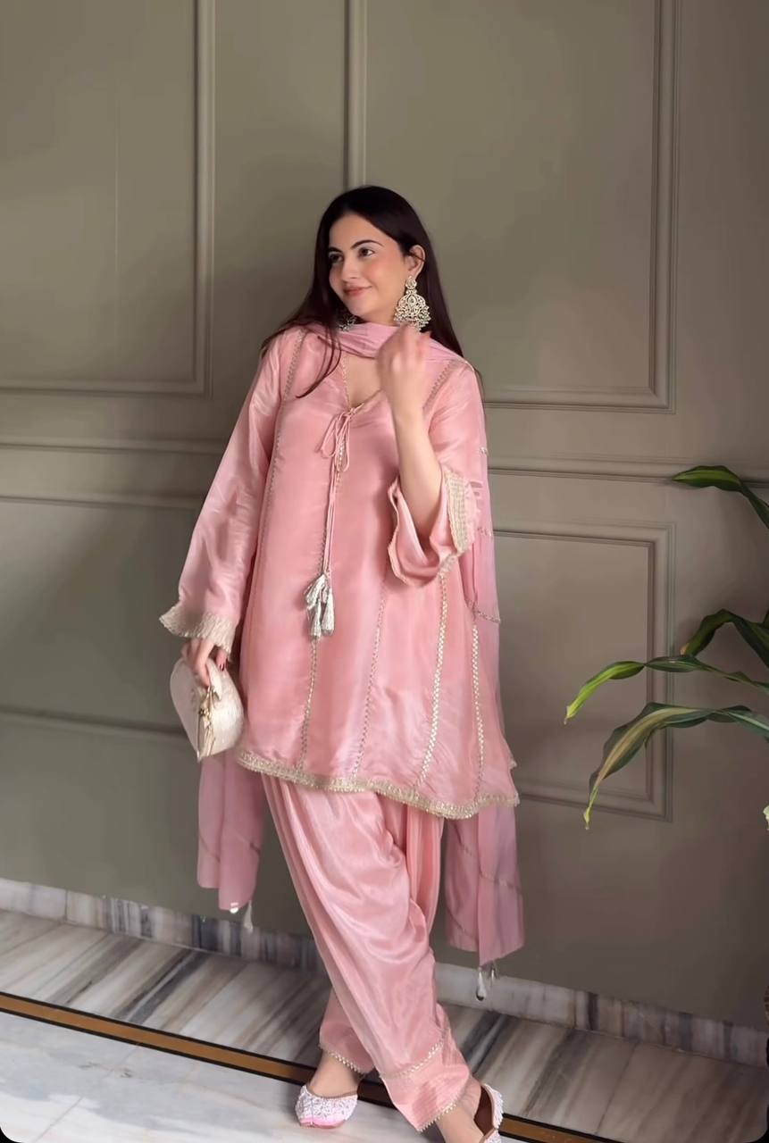 Designer Party Wear Gimmy Silk Top with Farshi Salwar and Dupatta | MC-2045