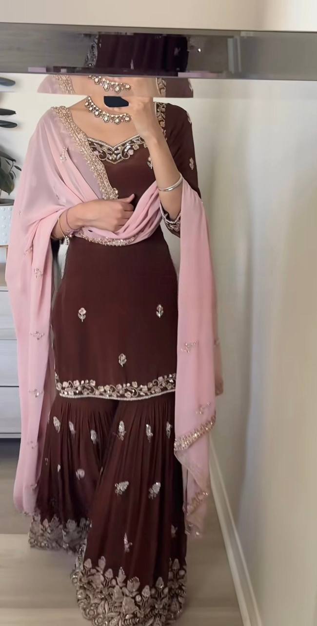 Ash Brown Georgette Sequin Embroidered Sharara Suit - Party Wear - close up detail | Zahra London
