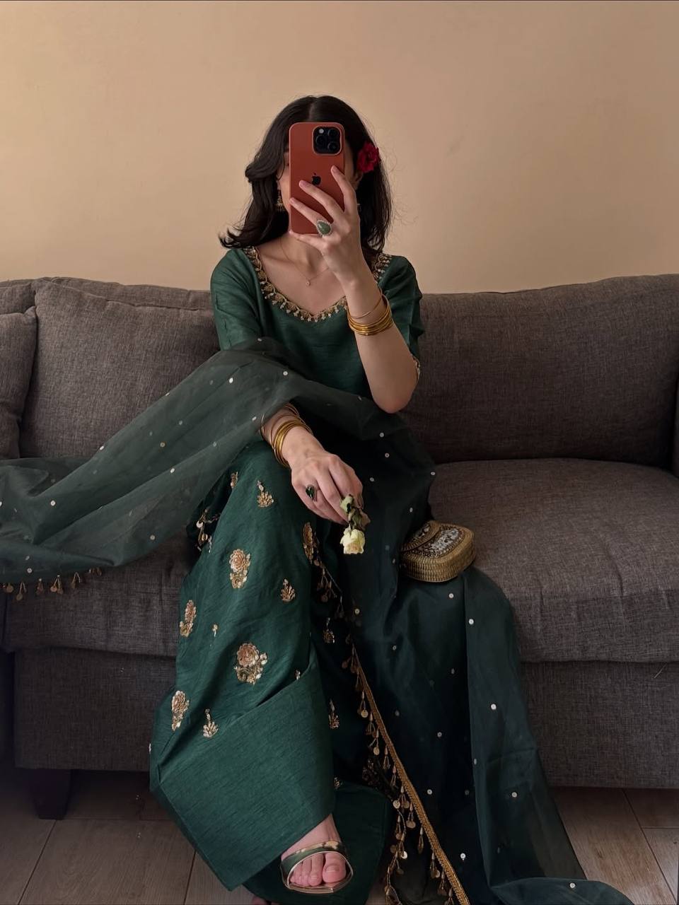 Designer Party Wear Aada Slab Silk Sequin Top with Farshi Salwar and Dupatta