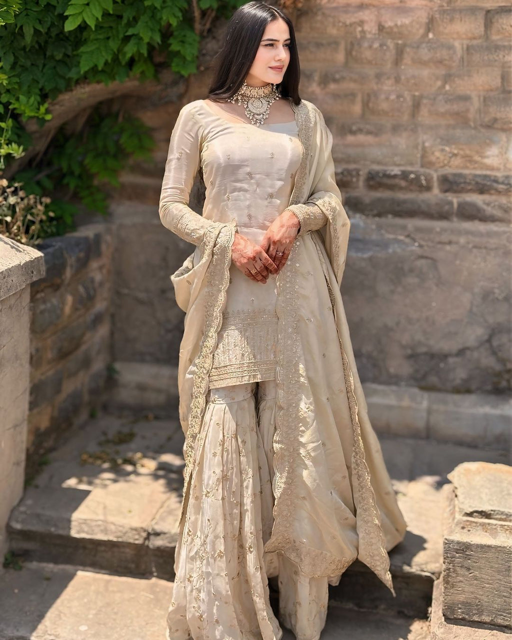 Beige Chinon Silk Embroidered Sharara Set - Designer Evening Party Wear - close up detail | Zahra London