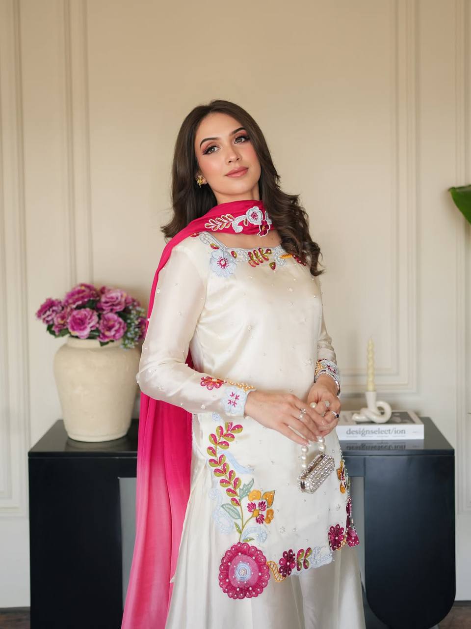 Designer Party Wear Roman Glass Silk Top with Sharara Palazzo and Dupatta