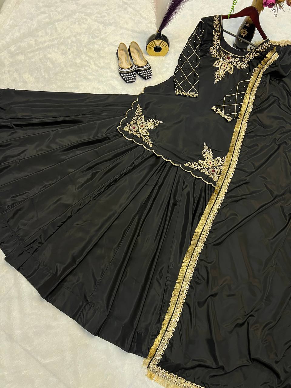 ZAHRA Black Silk Embroidered Abaya Style Gown with Dupatta, Islamic Wedding Dress for Women, Sizes M L XL XXL All AVILABLE