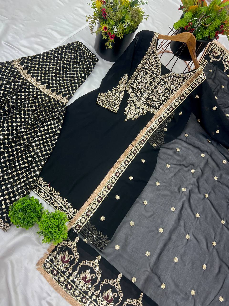 Faux Georgette Sequin Embroidered Sharara Dupatta Set — Festive Wear