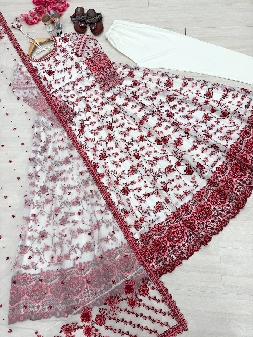 Maroon & White Georgette Organza Embroidered Gown with Dupatta