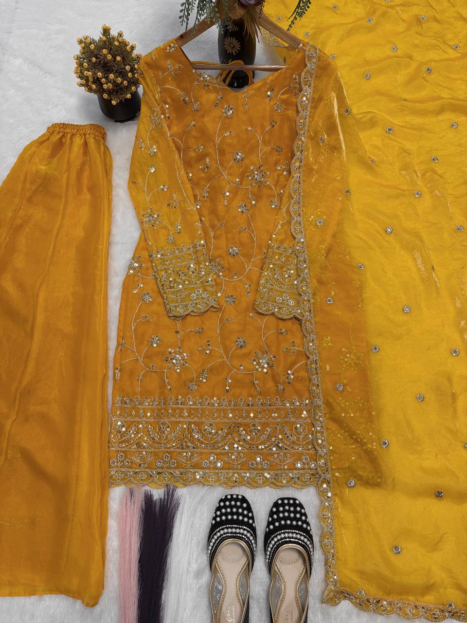 Designer Frendy Silk 5mm Sequin Thread & Zari Embroidered Kali Cut Top Palazzo & Dupatta Set