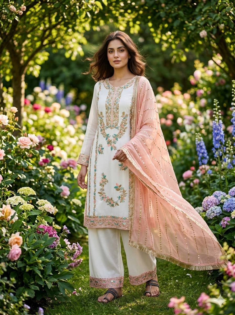 GMY Silk Sequin & Moti Embroidered Straight Pant Suit — Festive Wear