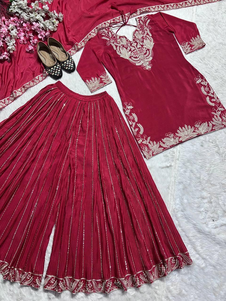 Designer Sharara Set in Pure Heavy Chinon Silk with Embroidery Coding Sequence & Full Embroidery Sleeve