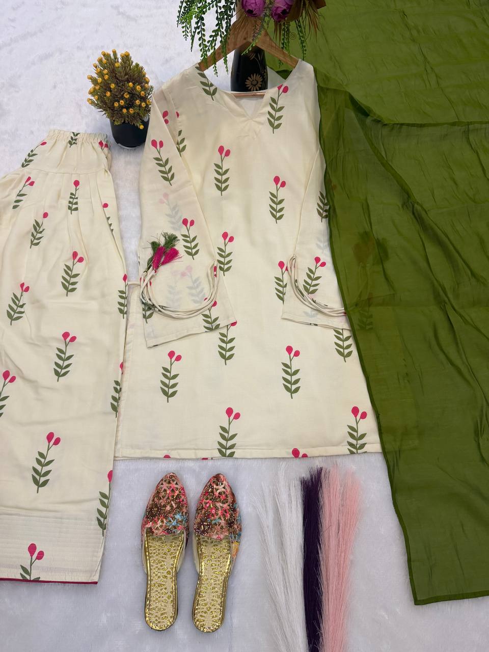 Designer Party Wear Cameric Cotton Fancy Sleeve Top with Farshi Pant and Dupatta