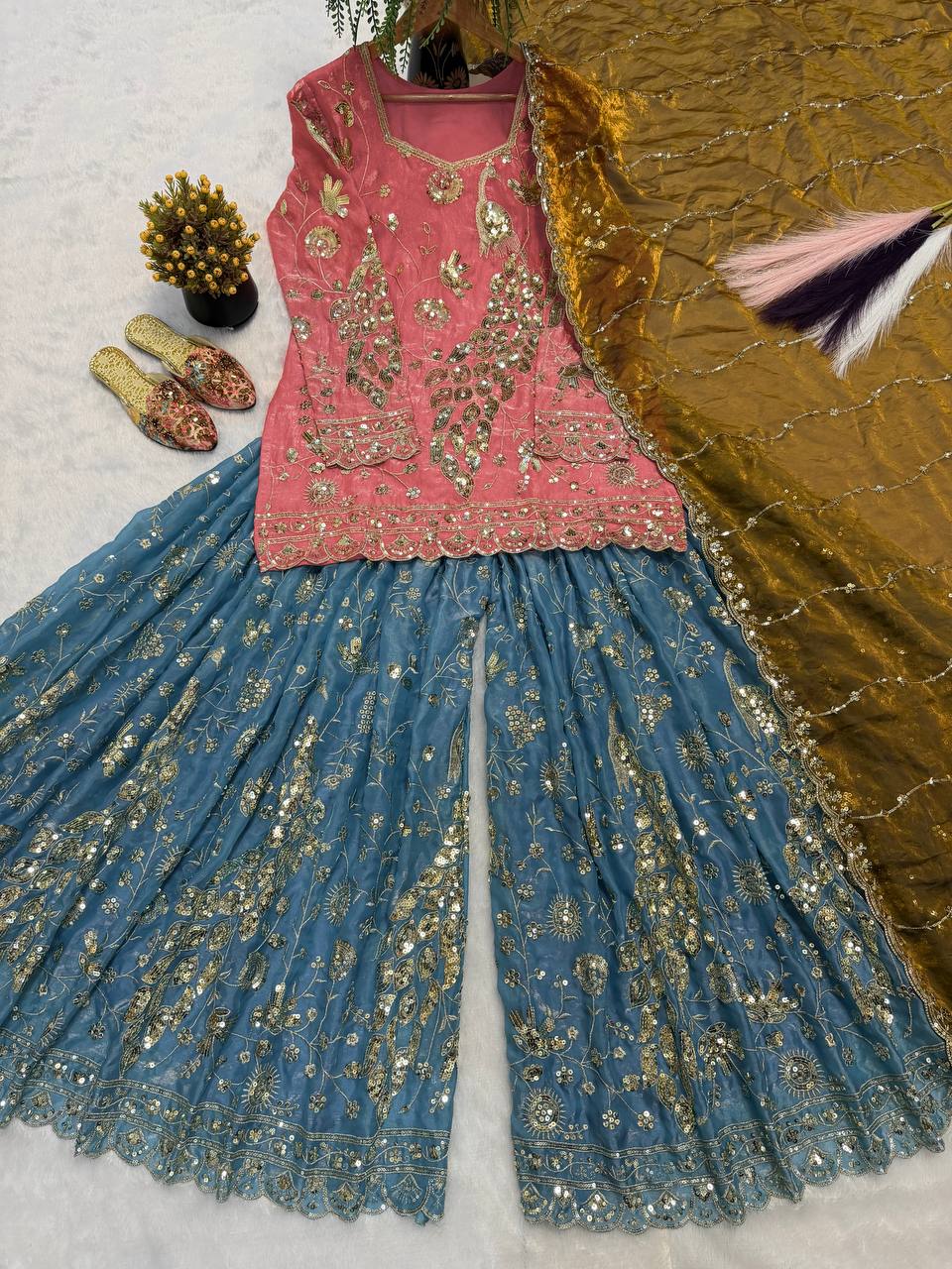 Designer Party Wear Fandy Crushi Silk Sequin Embroidered Top with Sharara Palazzo and Dupatta
