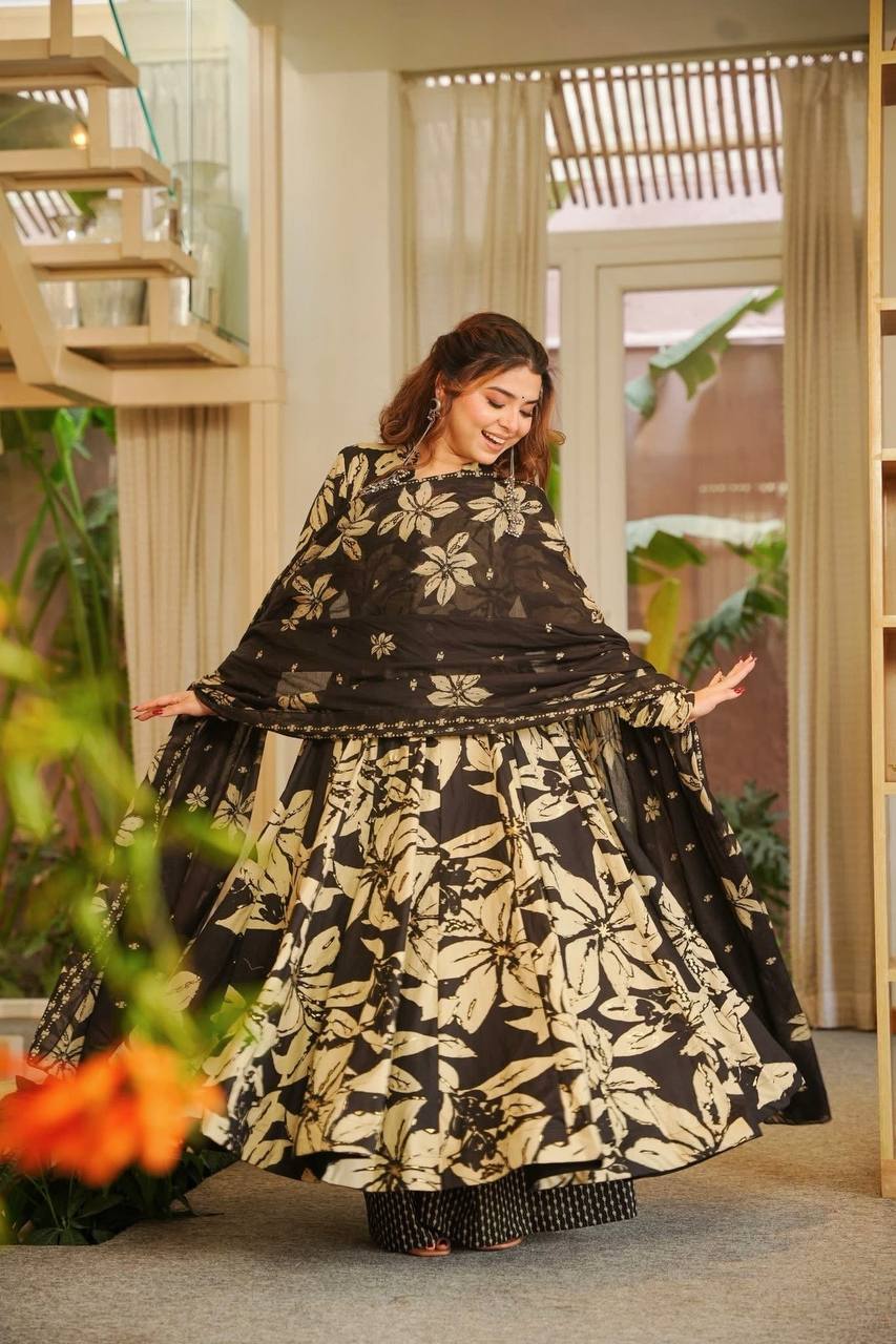 Designer Maslin Cotton Digital Print Anarkali Suit with Pant & Chiffon Dupatta
