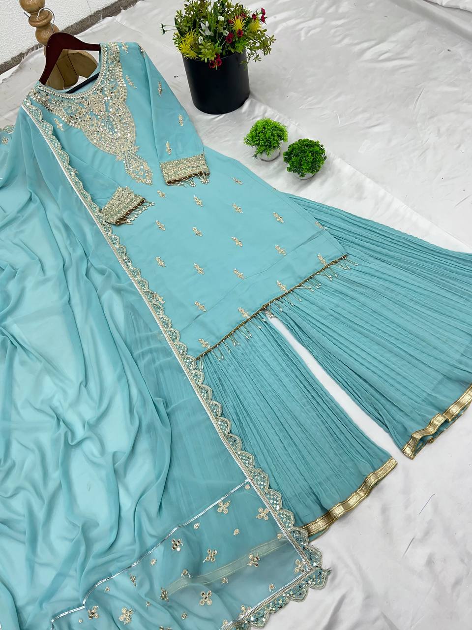 Light Blue Georgette Embroidered Salwar Kameez — Pakistani Wedding Dress