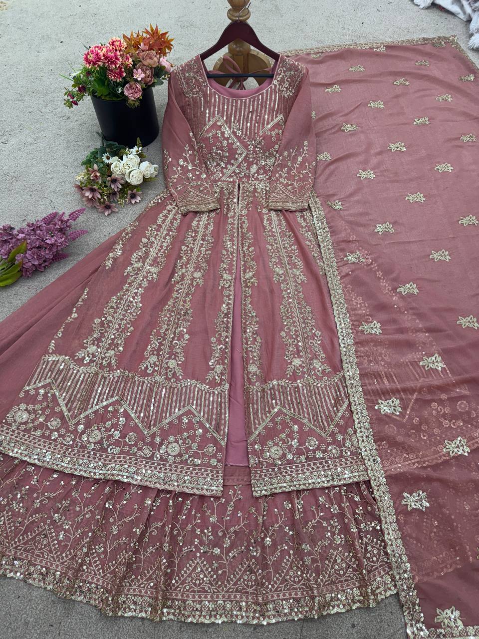 Peach Crunchy Silk Lace Embroidered Gown — Wedding & Party Wear