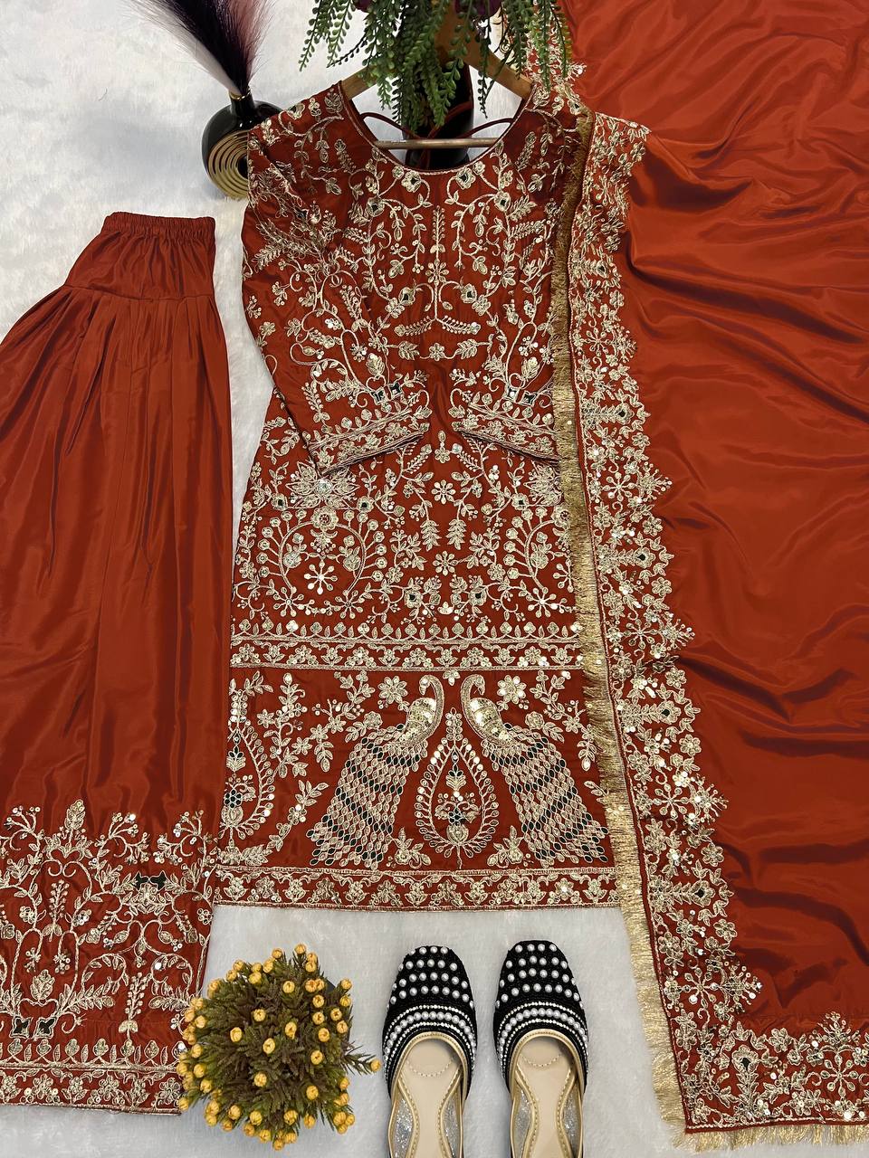 Designer Natural Crepe Silk 5mm Sequin Embroidered Long Punjabi Top Farshi Salwar & Dupatta Set