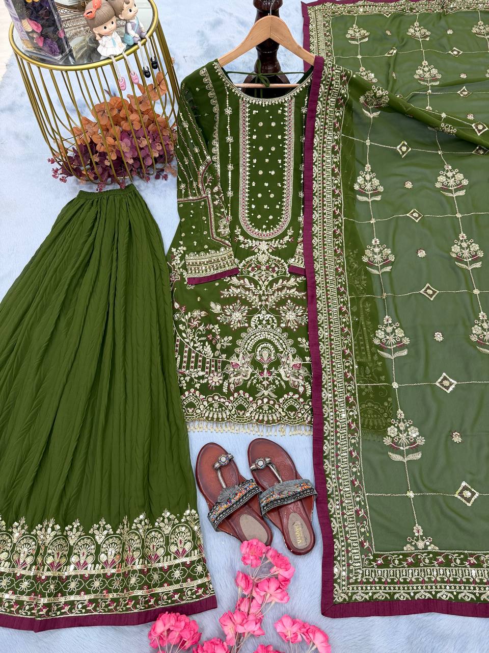 Mehendi Green Georgette Sequin & Moti Palazzo Suit — Festive Wear