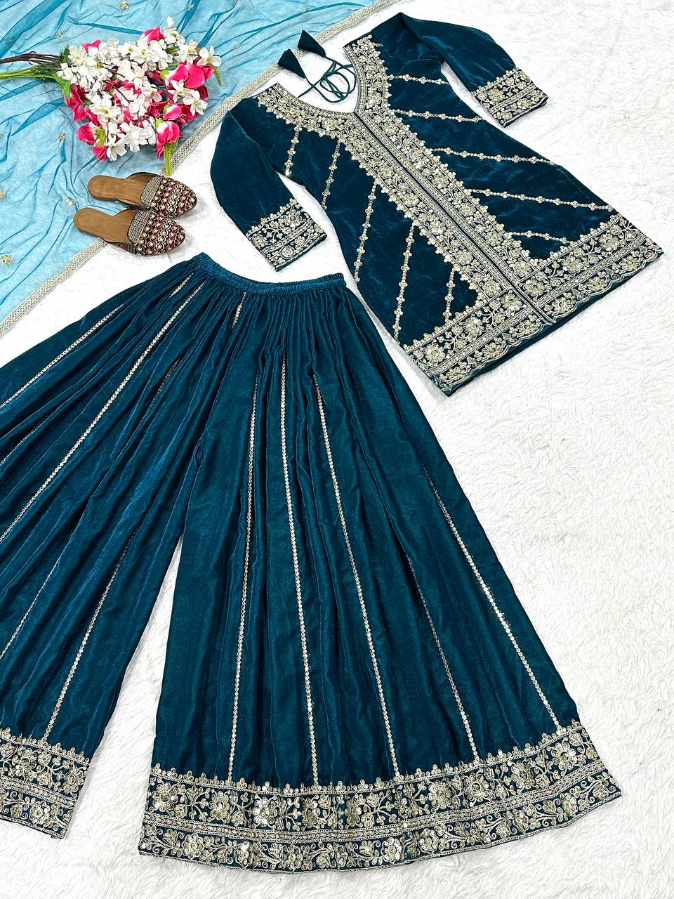 Designer Party Wear Top, Sharara Palazzo & Dupatta in Pure Heavy Viscous Velvet with Multi Needle Sequence