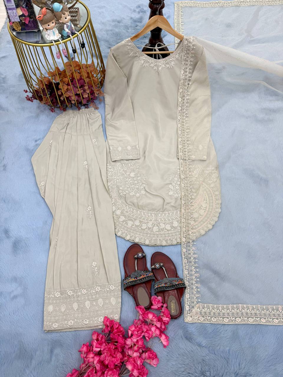 Party Wear Crepe Top With Farshi Palazzo & Organza Dupatta Set Stitched