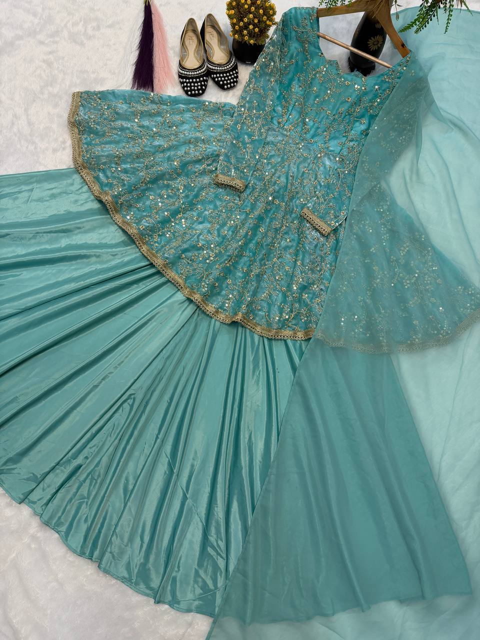 Designer Fancy Silk 5mm Sequin Embroidered Kediyu Top & Lehenga with Faux Georgette Dupatta