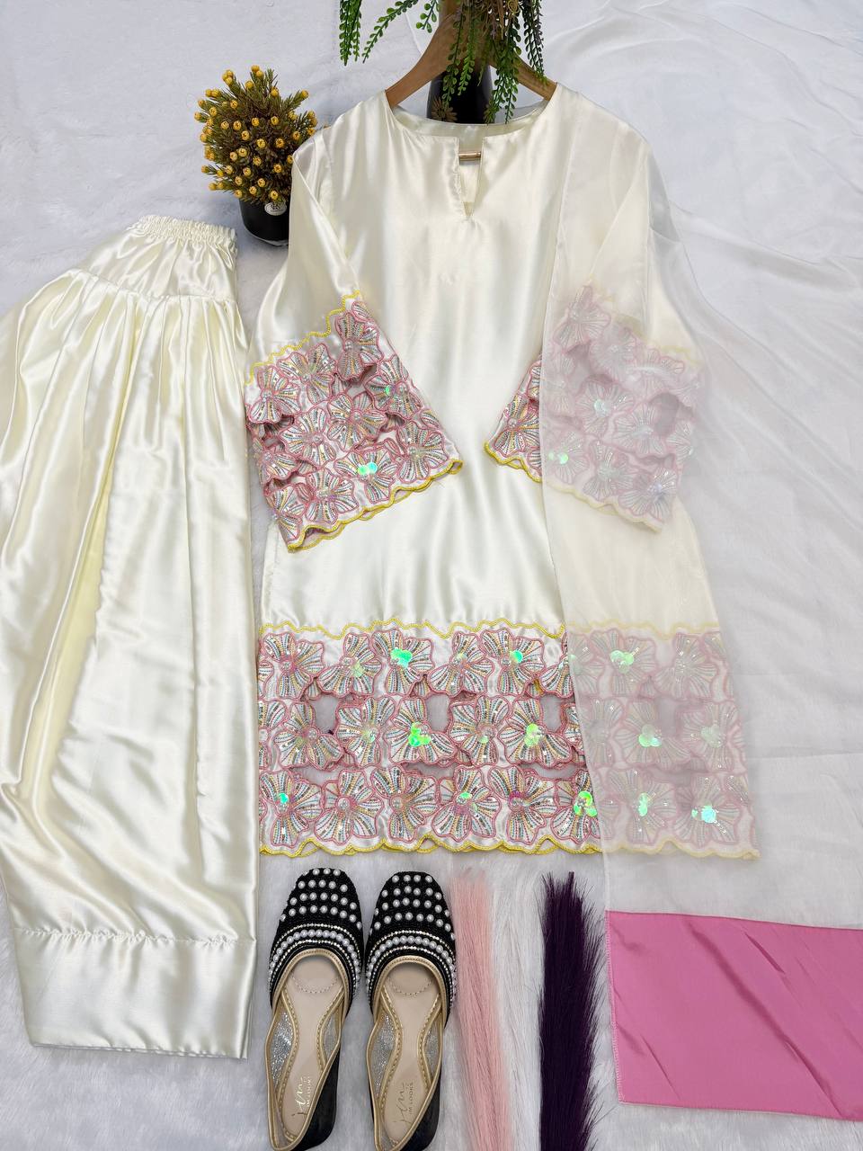Designer Natural Crepe Silk Moti & Sequin Hand Work Top Farshi Salwar & Organza Dupatta Set