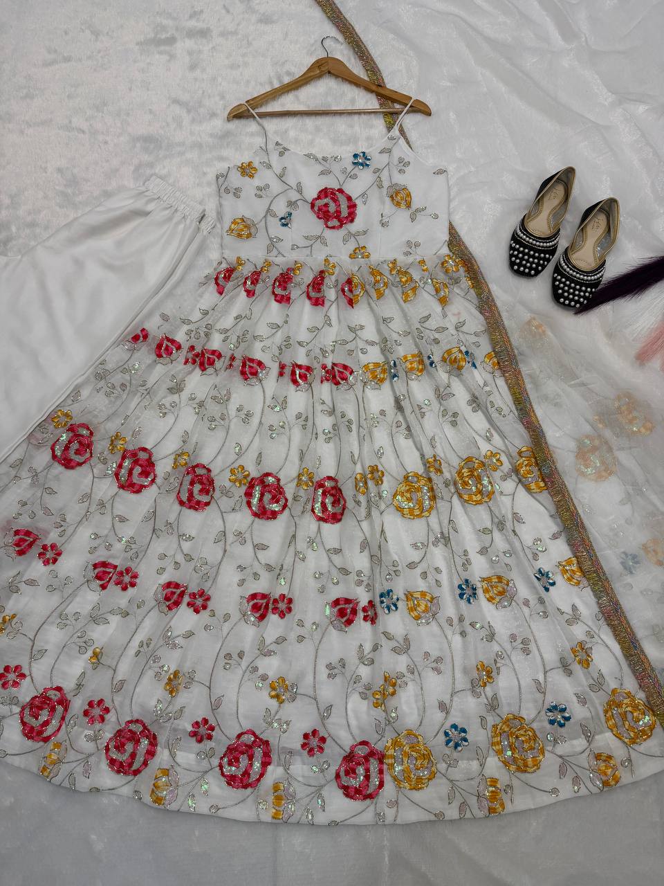 Designer Heavy Crushi Silk Sleeveless Anarkali Suit with Pant & Dupatta