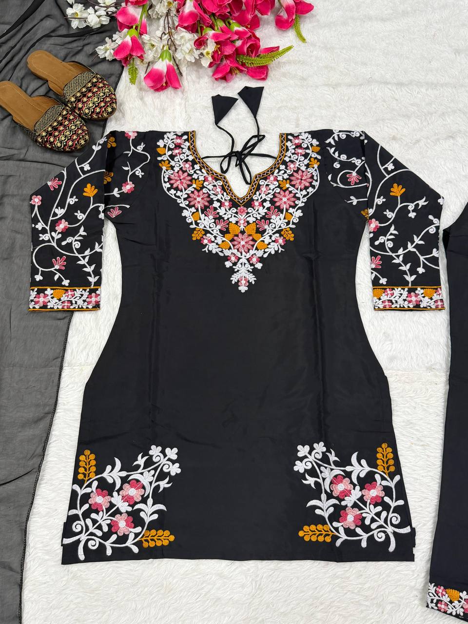 Designer Party Wear Top with Farshi Salwar & Dupatta in Heavy Roman Silk with Embroidery | ND-5058