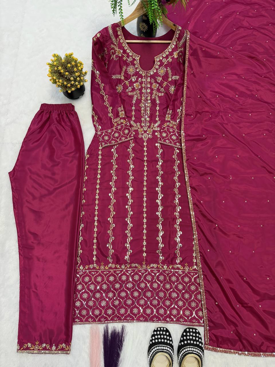 Designer Heavy Natural Crepe Silk Multi Needle Sequin Embroidered Long Suit Top Pant & Dupatta Set