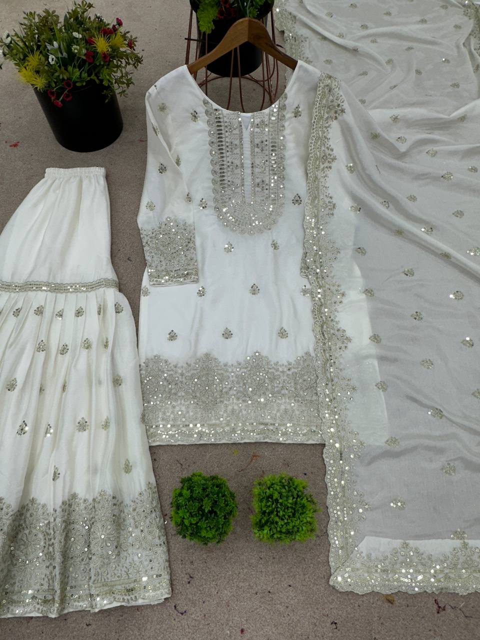 White & Gold Chinon Silk Sharara Palazzo Dupatta Set — Festive Wear