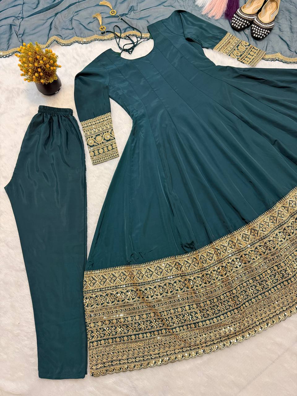 Designer Natural Crepe Sequin & Cording Embroidered Anarkali Suit with Pant & Organza Dupatta