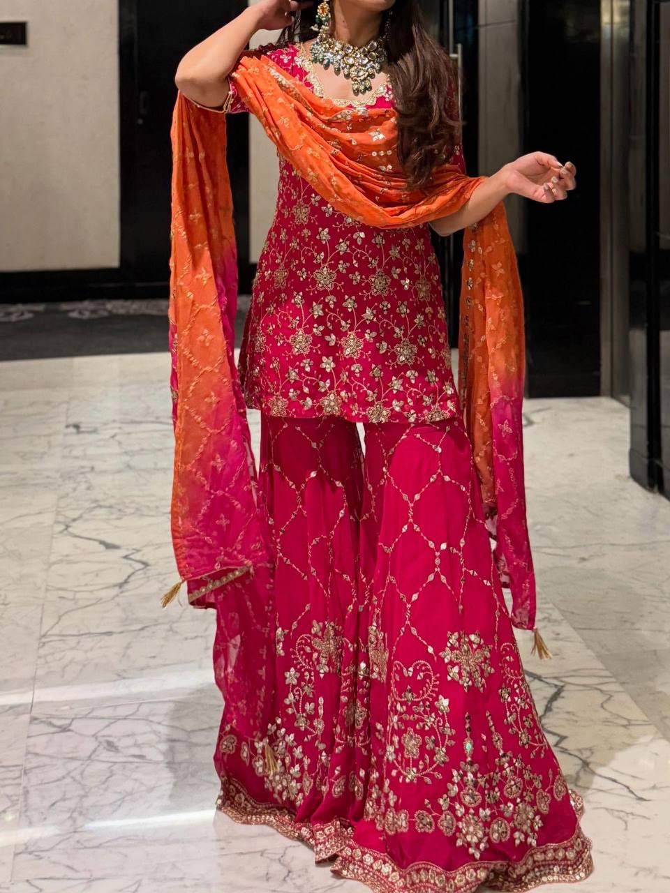 Georgette Sequin Embroidered Sharara Suit — Indian & Pakistani Party Wear