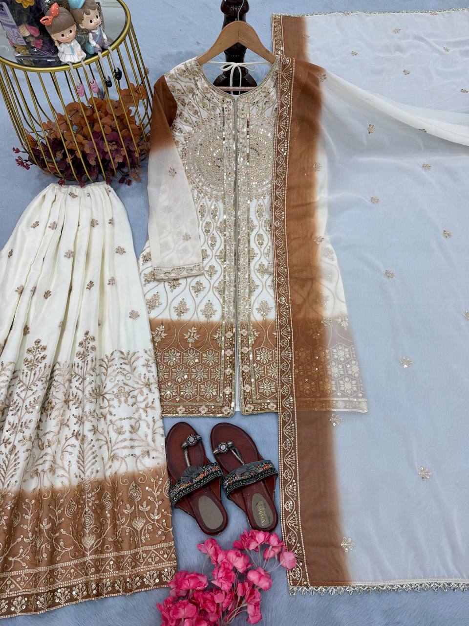 White and Brown Faux Georgette Embroidered Sequins Palazzo Suit Festive Wear