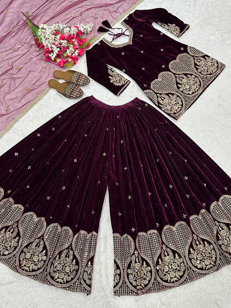 Designer Party Wear Top, Sharara Palazzo & Dupatta in Pure Heavy Viscous Velvet with Multi Needle Sequence