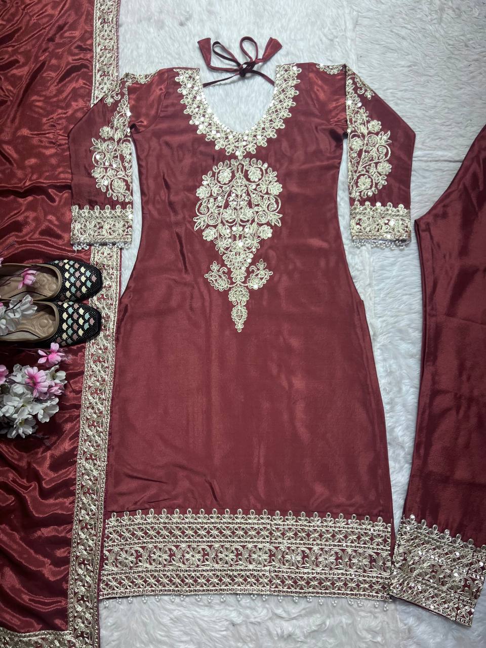 Designer Top, Pant & Dupatta in Pure Heavy Chinon Silk with Embroidery Coding Sequence Work