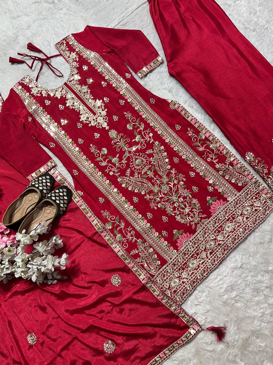 Designer Sharara Palazzo Set in Pure Chinnon Silk with Embroidery Coding Sequence Work | ND-5062