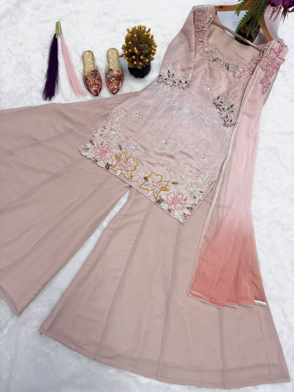 Designer Party Wear Roman Glass Silk Embroidered Top with Sharara Palazzo and Dupatta | MC-2047